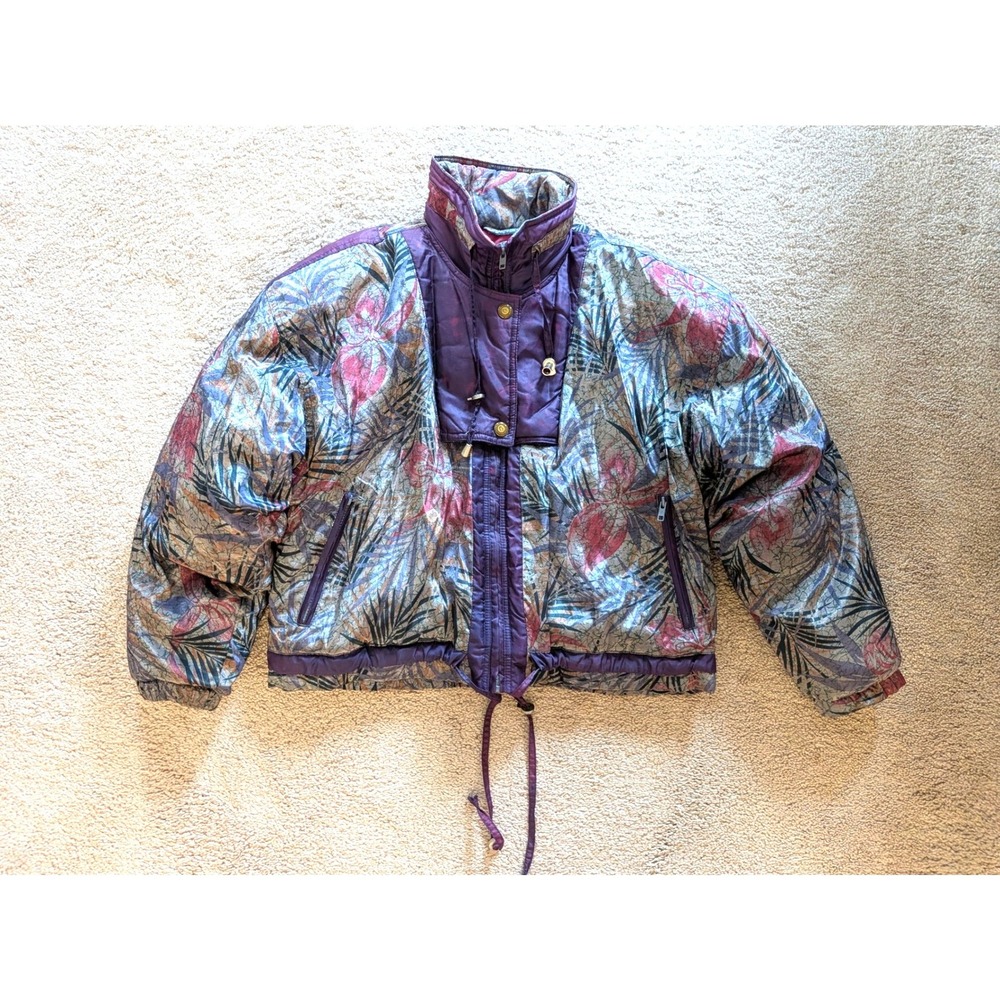 Vintage Foxrun Tropical Floral Puffer Jacket Medium Purple Pink